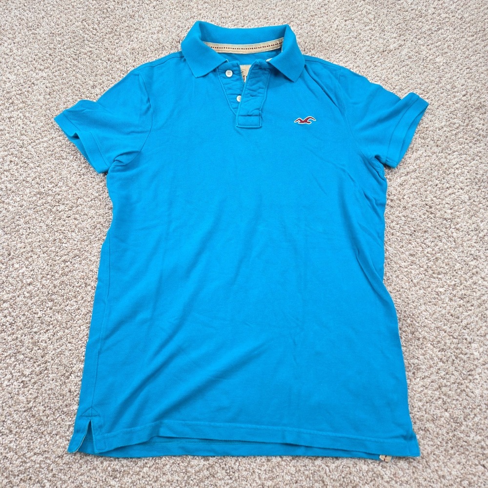 Hollister Y2K Polo Shirt Mens Large Blue Solid Seagull Logo Cotton Casual Top